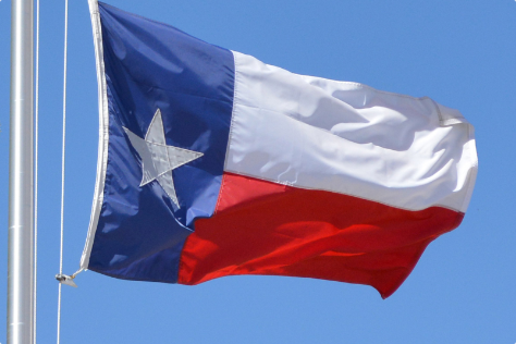 Texas flag flying against a blue sky